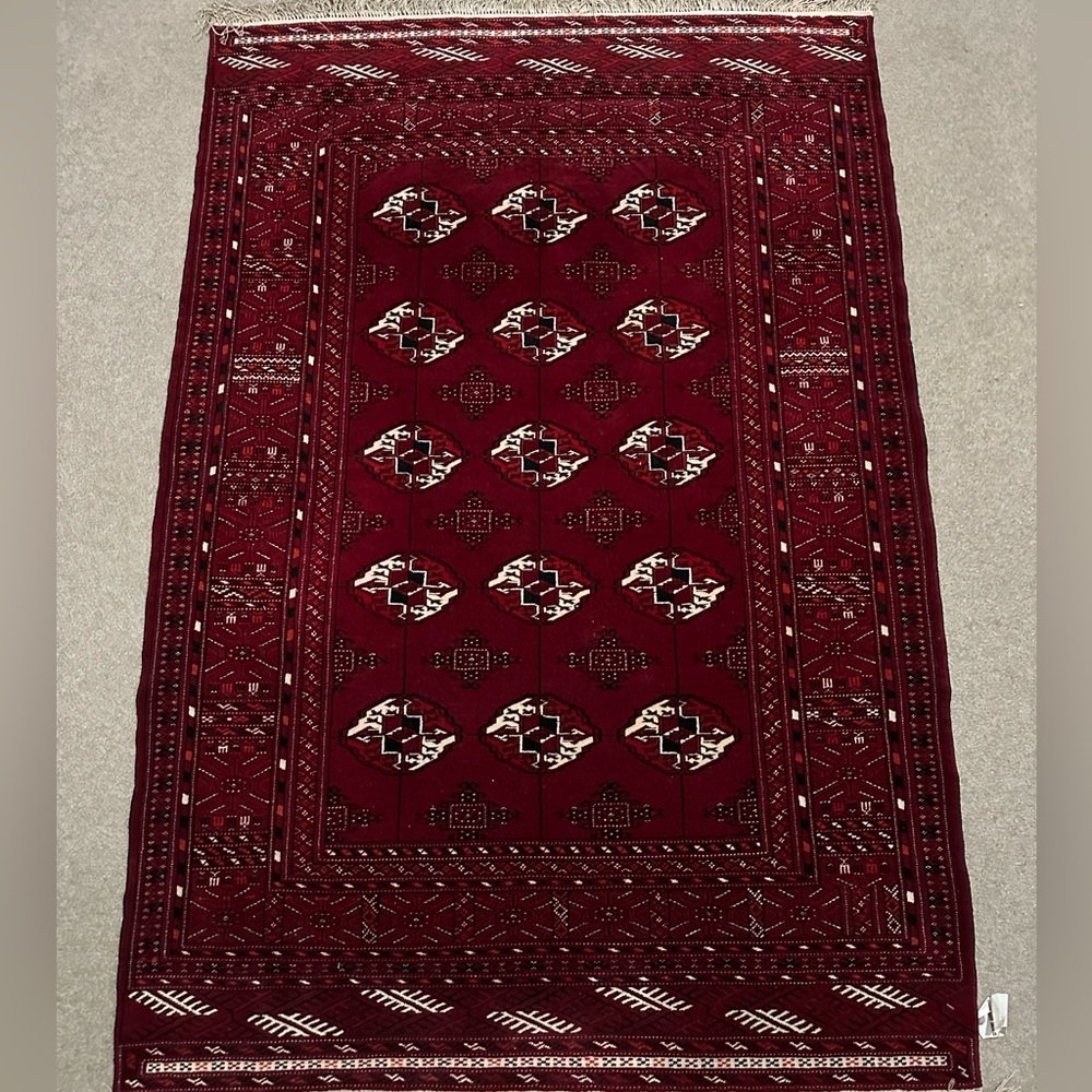 Persian Hand-Knotted Red Geometric Torkaman Wool & Silk Rug